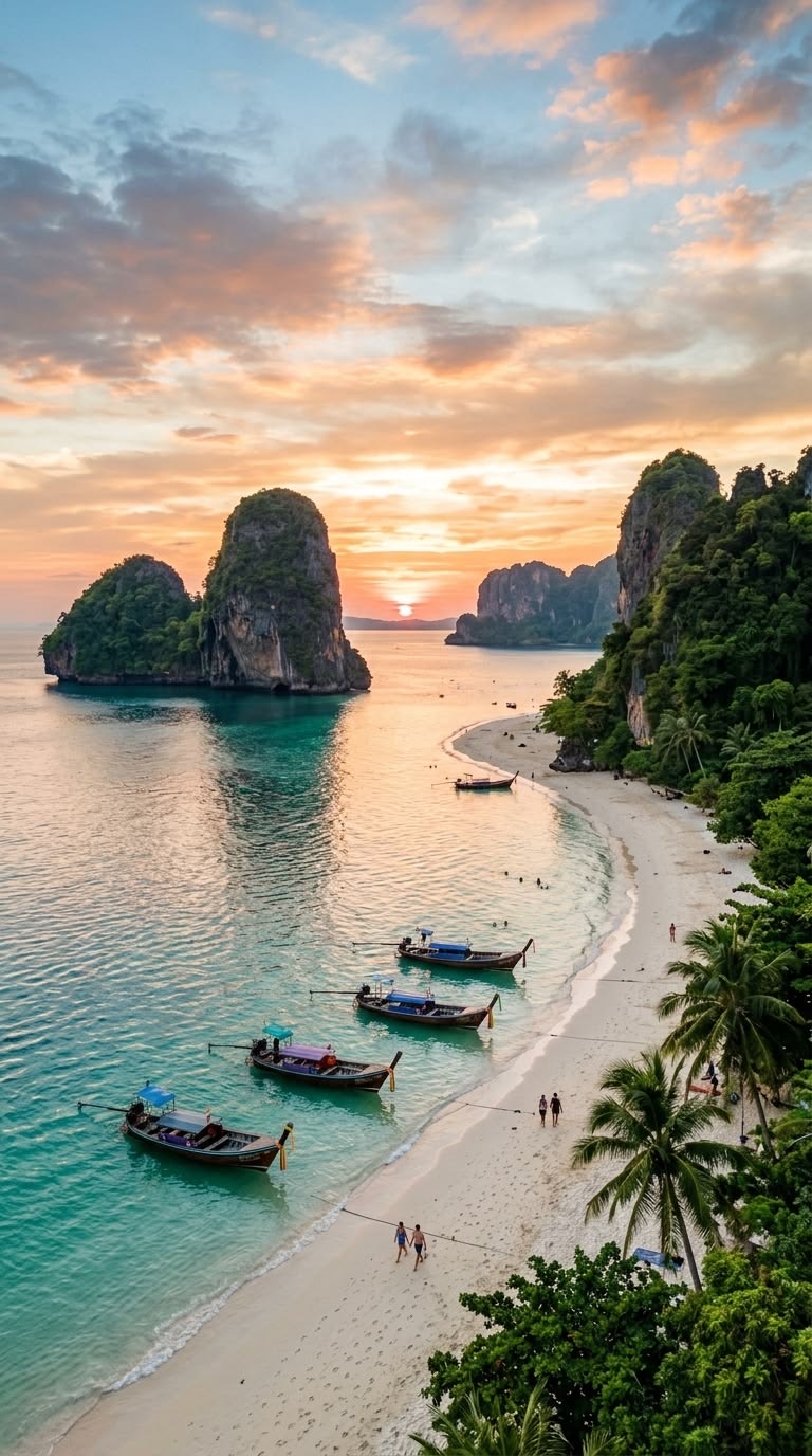 Atardecer sobre una playa de Tailandia con barcas de cola larga y acantilados de piedra caliza